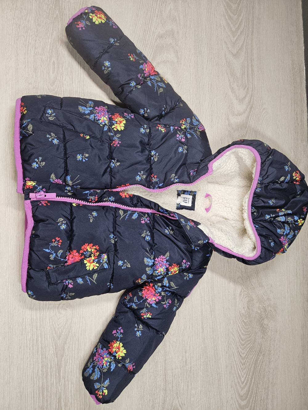2T Baby GAP Navy Floral Puffer Jacket Sherpa Lined